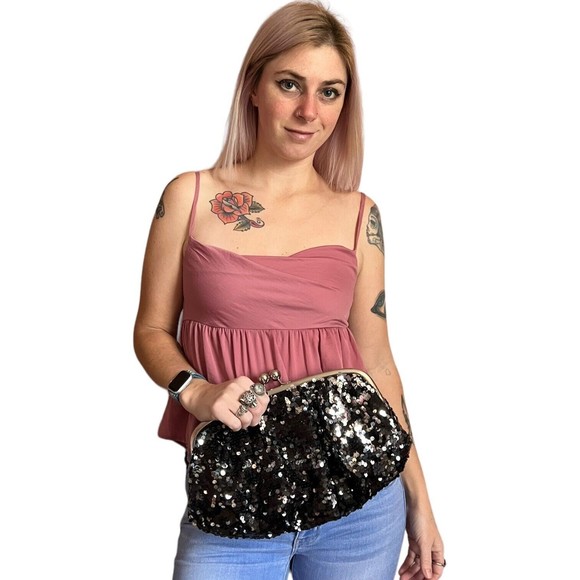 Mossimo Black Sequin Kiss Lock Clutch 13" W x 9" H Scrunchy Glitter Purse - Picture 12 of 12